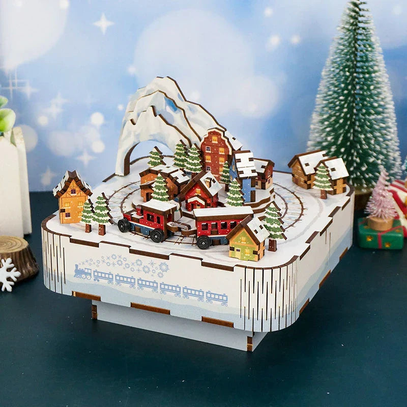 DIY Wooden Christmas House Train Music Box - Mycutebee