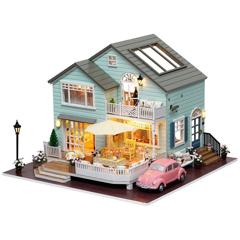 0 Cutebee DIY House Miniature with Furniture LED Music Dust Cover Model Building Blocks Toys for ChildrenQueens Town DIY Miniature House