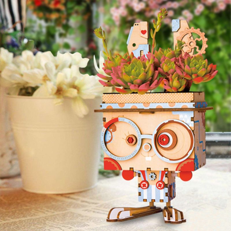 bunny cute robot flower pot 3d wooden puzzle 2