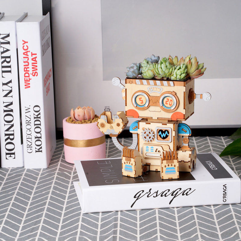 cute robot flower pot 3d wooden puzzle 4