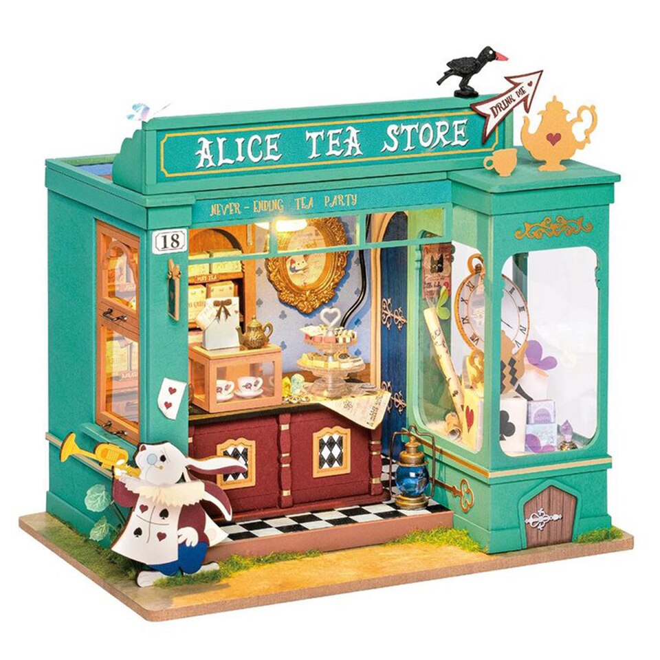 Robotime Rolife Educational Dollhouse DIY Miniature House Kit Wooden Doll House Alice's Tea Store for Girls Gifts 