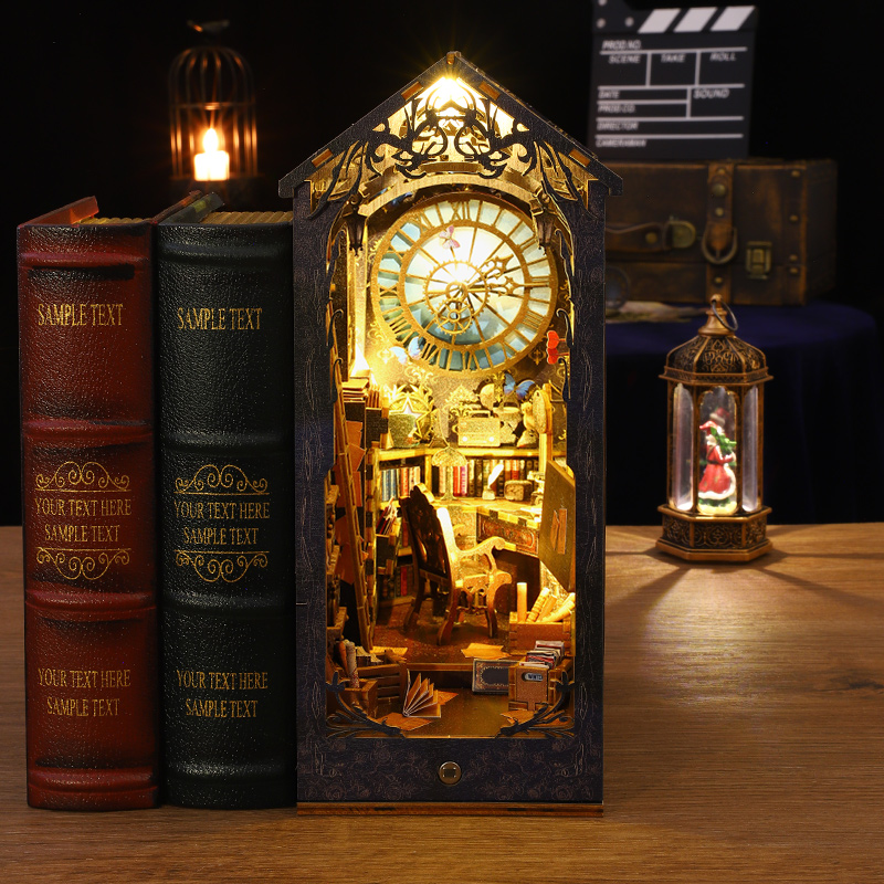 nfLRDIY Wooden Detective Agency Book Nook Shelf Insert Miniature Building Kits Bookshelf Magic House Bookends Handmade