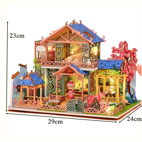 1gwENEW DIY Wooden Doll Houses Peach Blossom Attic Casa Miniature Building Kits with Furniture Led Light