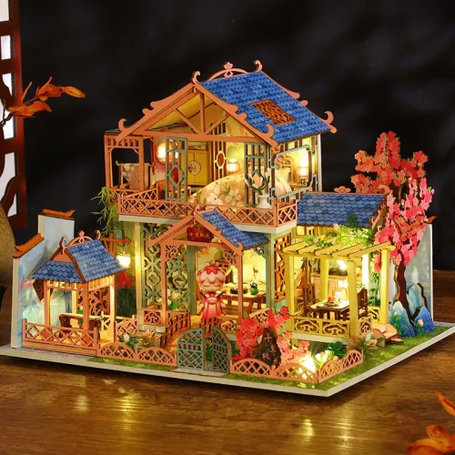 AjkJNEW DIY Wooden Doll Houses Peach Blossom Attic Casa Miniature Building Kits with Furniture Led Light