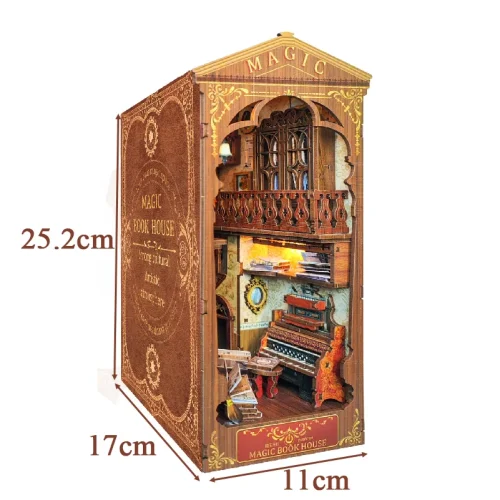 ZBPFDIY Wooden Book Nook Shelf Insert Kit Miniature Building Kits Magic House Bookshelf with Light Bookends
