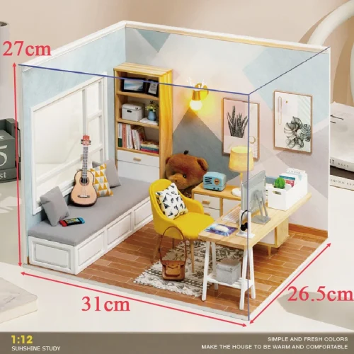 1dqL1 12 DIY Wooden Doll Houses Miniature Building Kits with Furniture Light Sunshine Study Room Casa