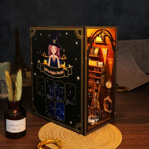DIY Wooden Book Nook Shelf Insert Kits Miniature Magic House Bookends Japanese Cherry Train Station Bookshelf.jpg 2