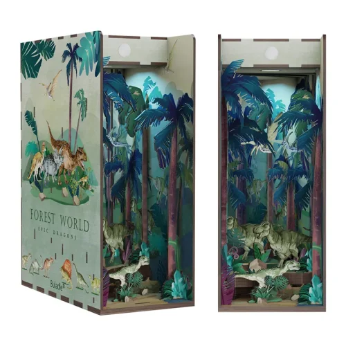 KO8YDIY Wooden Book Nook Shelf Insert Kit Miniature Building Kits Dinosaur World Bookshelf with Light Assembled