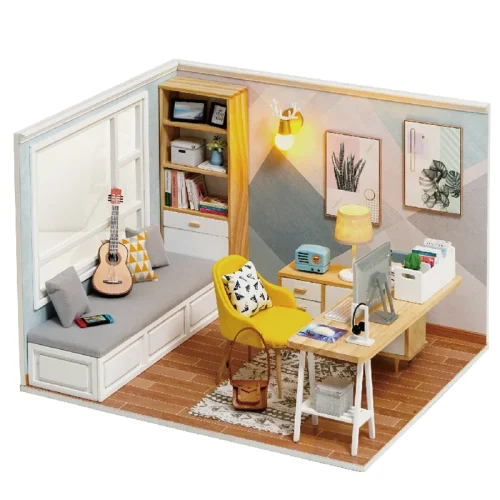 VjQg1 12 DIY Wooden Doll Houses Miniature Building Kits with Furniture Light Sunshine Study Room Casa
