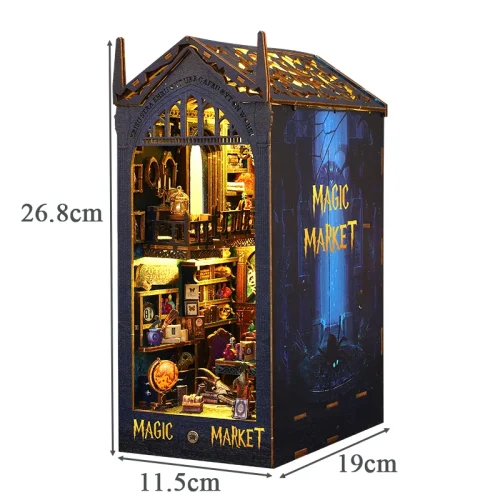 qgHXNEW DIY Wooden Book Nook Magic Market Doll House Kit with Light 3D Puzzle Bookshelf Assembly