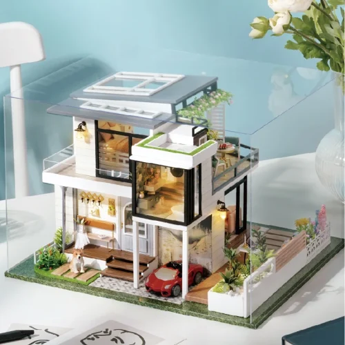 AsgaDIY Wooden Doll Houses Miniature Building Kits with Furniture Light European Villa Assembled Casa Dollhouse for