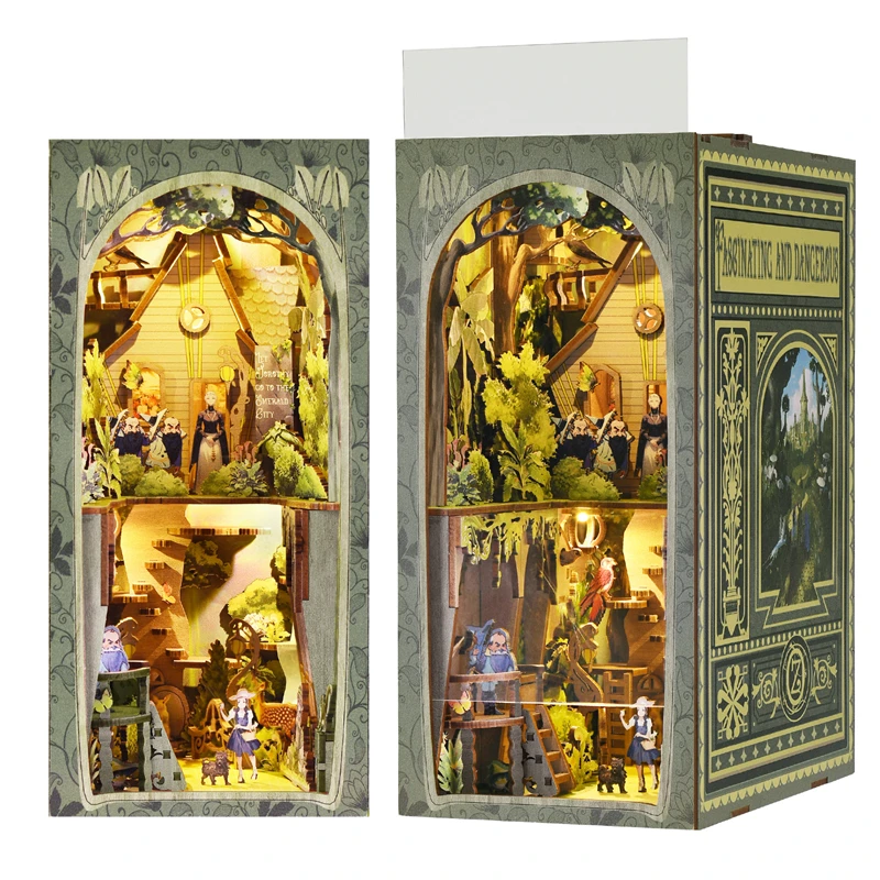 MowADIY Wooden Book Nook Shelf Insert Kits Miniature the Wonderful Wizard World Bookends Bookshelf Magic Dollhouse