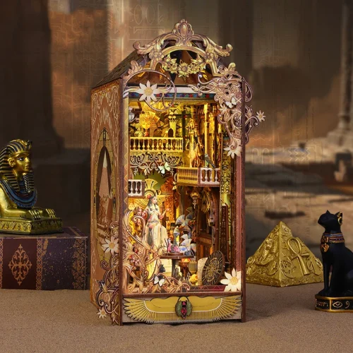 pssdDIY Wooden Book Nook Shelf Insert Kits Miniature The Mysterious City Bookends Egypt Bookshelf Dollhouse for