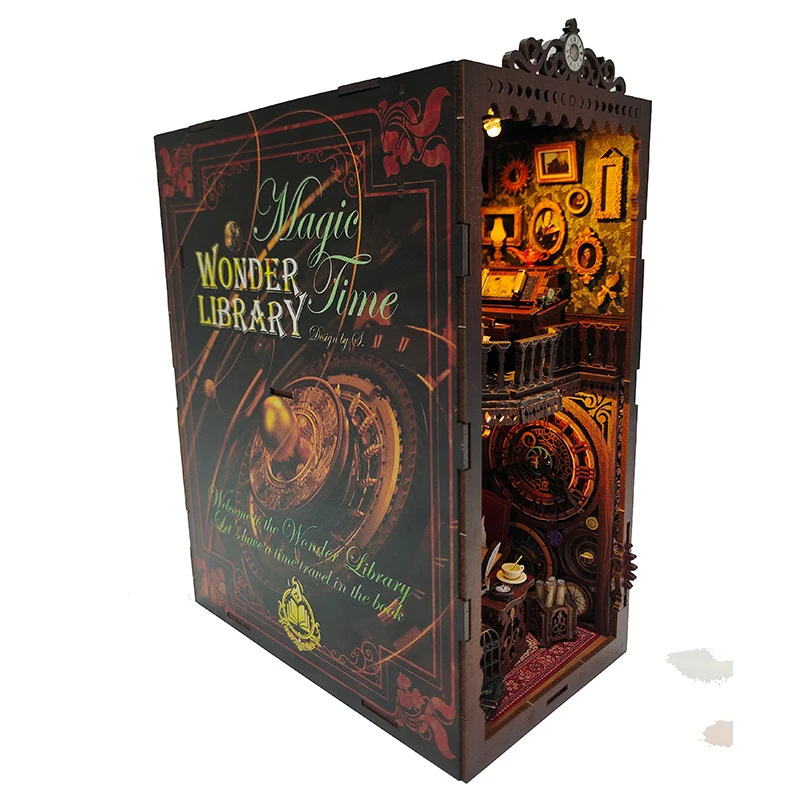 6hmFNew DIY Wooden Book Nook Shelf Insert Kits Miniature Magic Time World Bookends With Lights Bookshelf