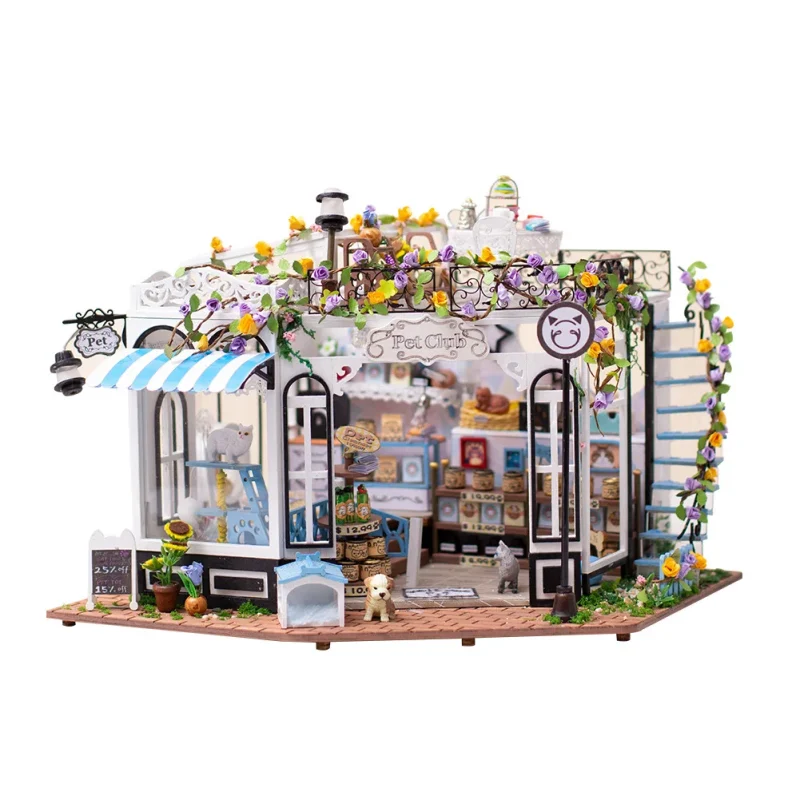 AZijDIY Wooden Doll House Pet Shop Casa Miniature Building Kits Dollhouse With Furniture LED Light Villa