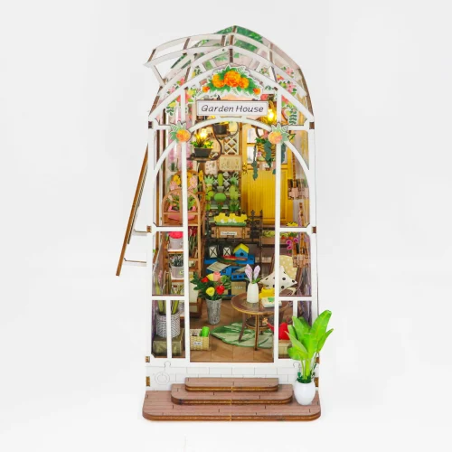 Dq1zDIY Wooden Book Nook Shelf Insert Miniature Building Kits Flower Garden Room Bookshelf with LED Lights