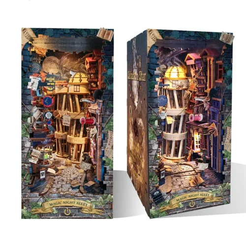 FtLeDIY Wooden Book Nook Shelf Insert Kit Miniature Building Kits Magic Night Alley Bookshelf with LED