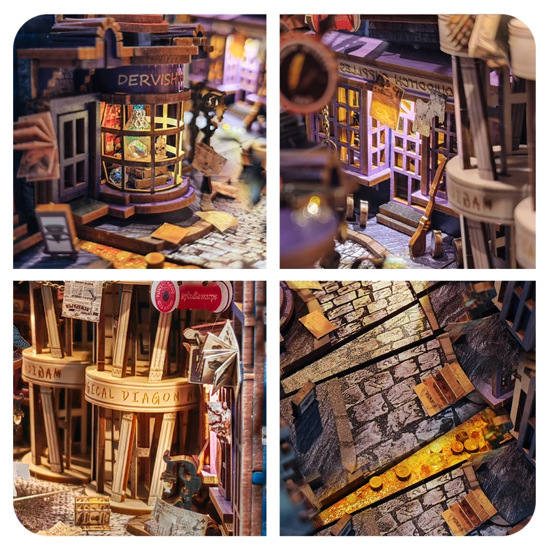 NogjDIY Wooden Book Nook Shelf Insert Kit Miniature Building Kits Magic Night Alley Bookshelf with LED