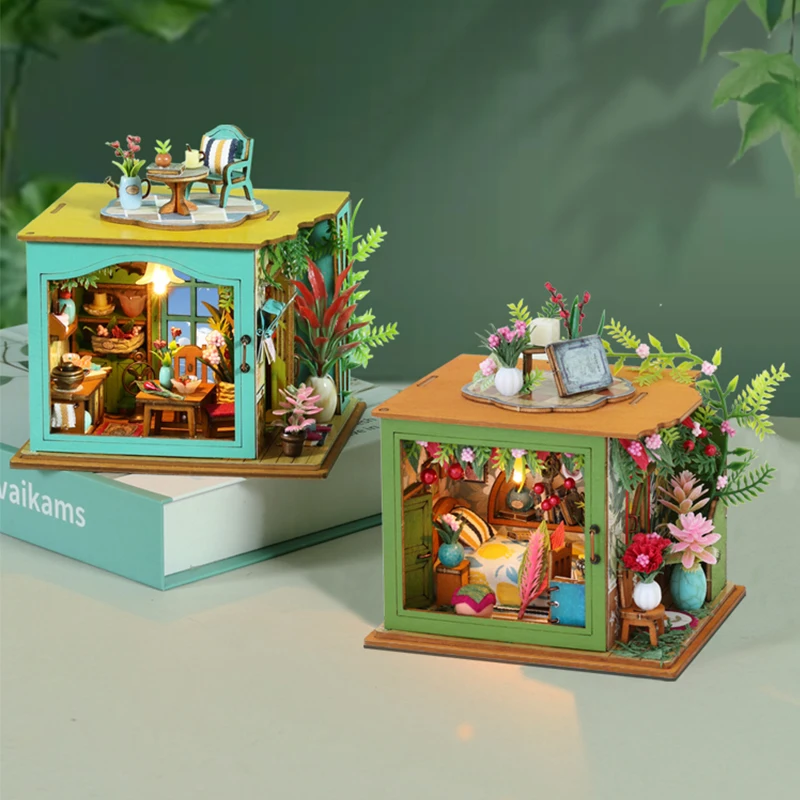 Q5qtDIY Wooden Miniature Building Kit Mini Doll Houses with Furniture Light Flower Bedroom Kitchen Casa Dollhouse