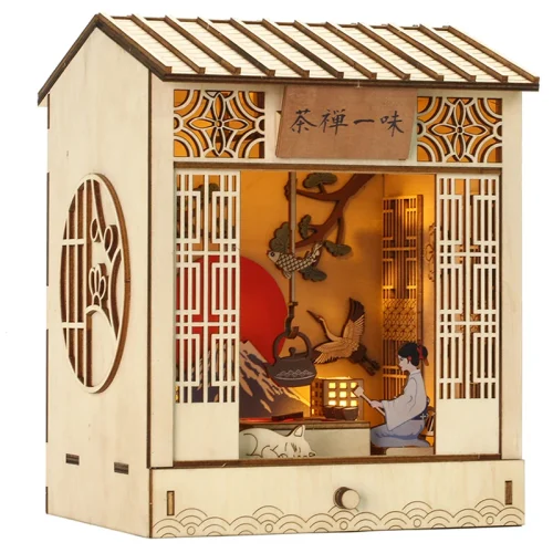 ZTd5CUTEBEE Japanese Style Book Nook Kit DIY Doll House with Light Bookshelf Insert Bookend Building Model