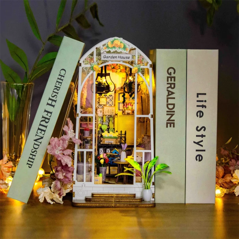 foBLDIY Wooden Book Nook Shelf Insert Miniature Building Kits Flower Garden Room Bookshelf with LED Lights
