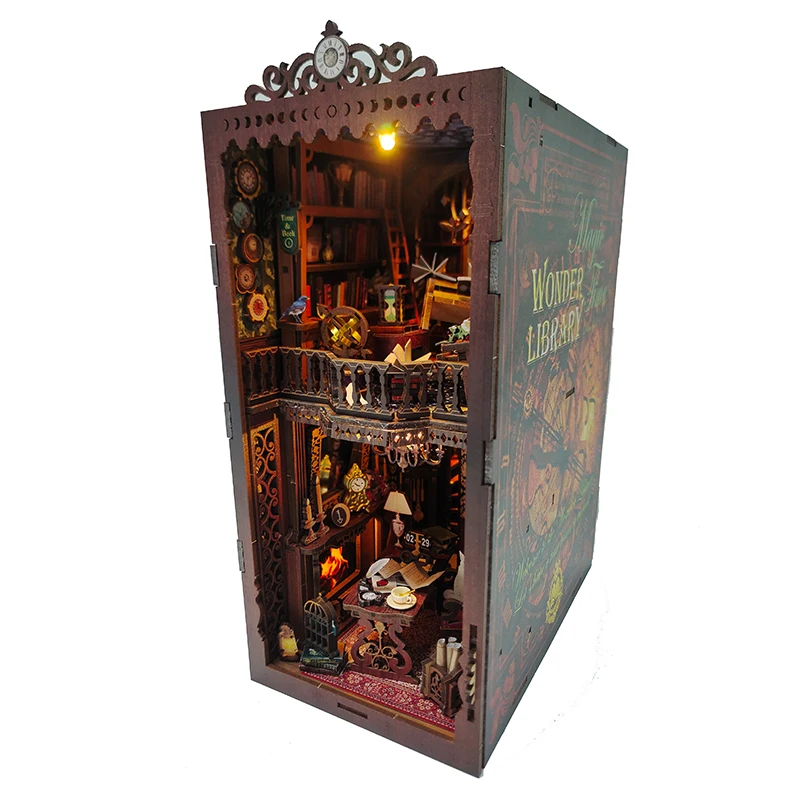vdWqNew DIY Wooden Book Nook Shelf Insert Kits Miniature Magic Time World Bookends With Lights Bookshelf
