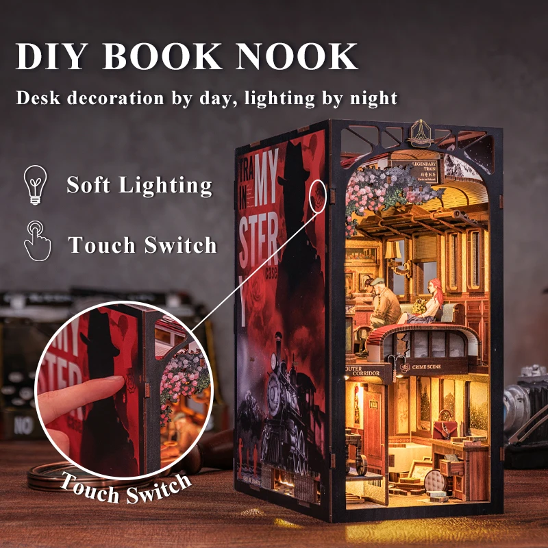 1XRVCUTEBEE DIY Book Nook Kit Miniature Doll House With Touch Light Dust Cover Bookshelf Insert Gifts