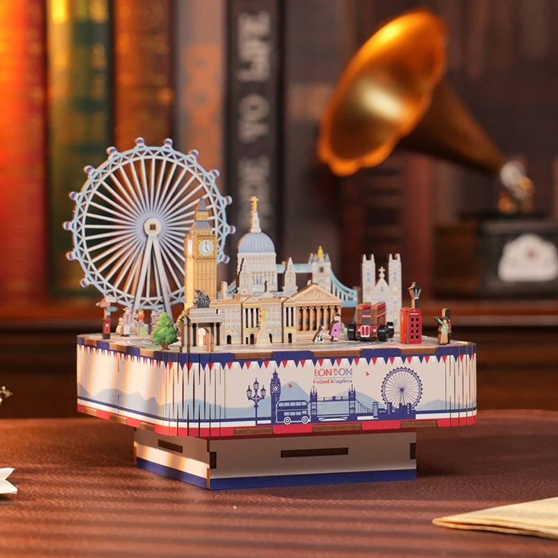 A5fdDIY Wooden London Street View Music Box Model Building Kits 3D Puzzle With Lights Toys for