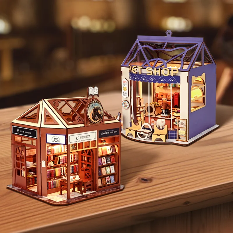 eX1cNEW DIY Wooden Bookstore Casa Doll Houses Miniature Building Kits With Furniture Pet Shop Dollhouse for