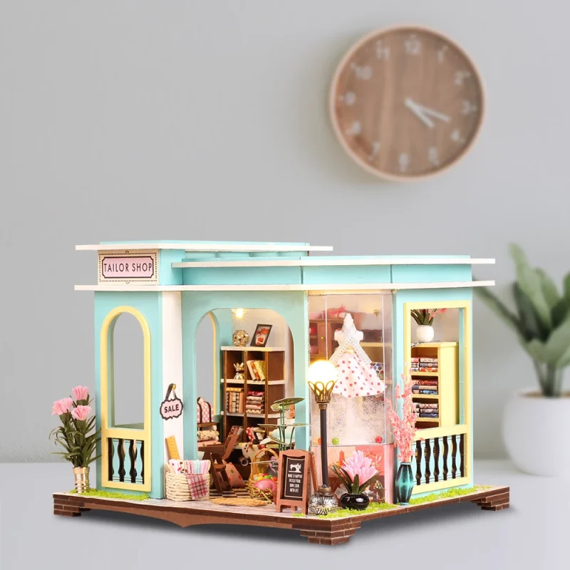 lmiRNEW DIY Wooden Miniature Building Kits Tailor Shop Casa Doll Houses with Furniture Light Dollhouse for