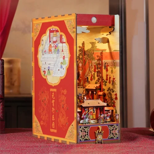 JuW0DIY Wooden Book Nook Shelf Insert Kits Chinese Lantern Festival Bookends Miniature Building Kits Bookshelf For
