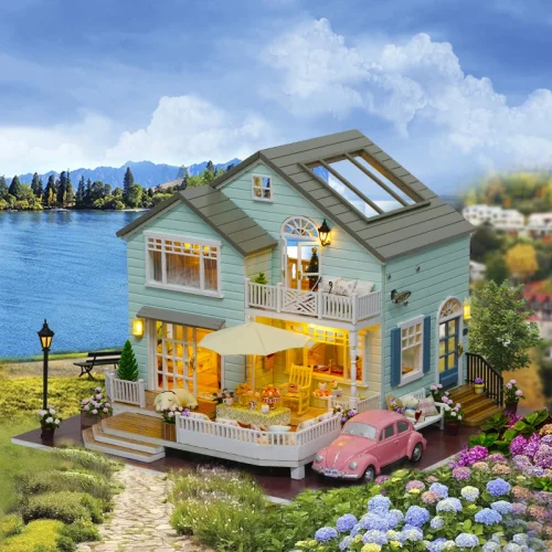 U4YjDIY Wooden Casa Doll Houses Queen Town New Zealand Miniature Building Kits Dollhouse With Furniture LED